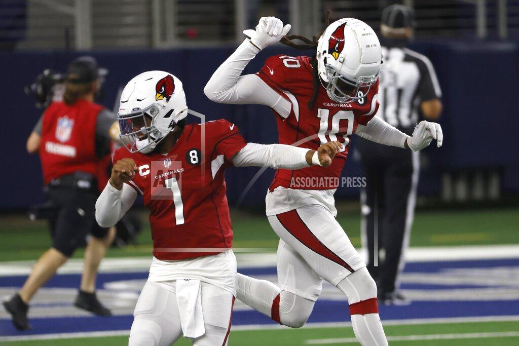 Ron Jenkins Arizona Cardinals' Kyler Murray (1) and DeAndre Hopkins (10) celebrate a touchdown scored by Christian Kirk (13) in the first half of an NFL football game against the Dallas Cowboys in Arlington, Texas, Monday, Oct. 19, 2020. (AP Photo/Ron Jenkins)