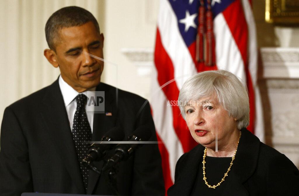 Charles Dharapak FILE - In this Oct. 9, 2013, file photo President Barack Obama listens as Janet Yellen, vice chair of the Board of Governors of the Federal Reserve System, speaks in the State Dining Room of the White House in Washington, where the president announced he is nominating Yellen to be chair of the Federal Reserve, succeeding Ben Bernanke. (AP Photo/Charles Dharapak, File)