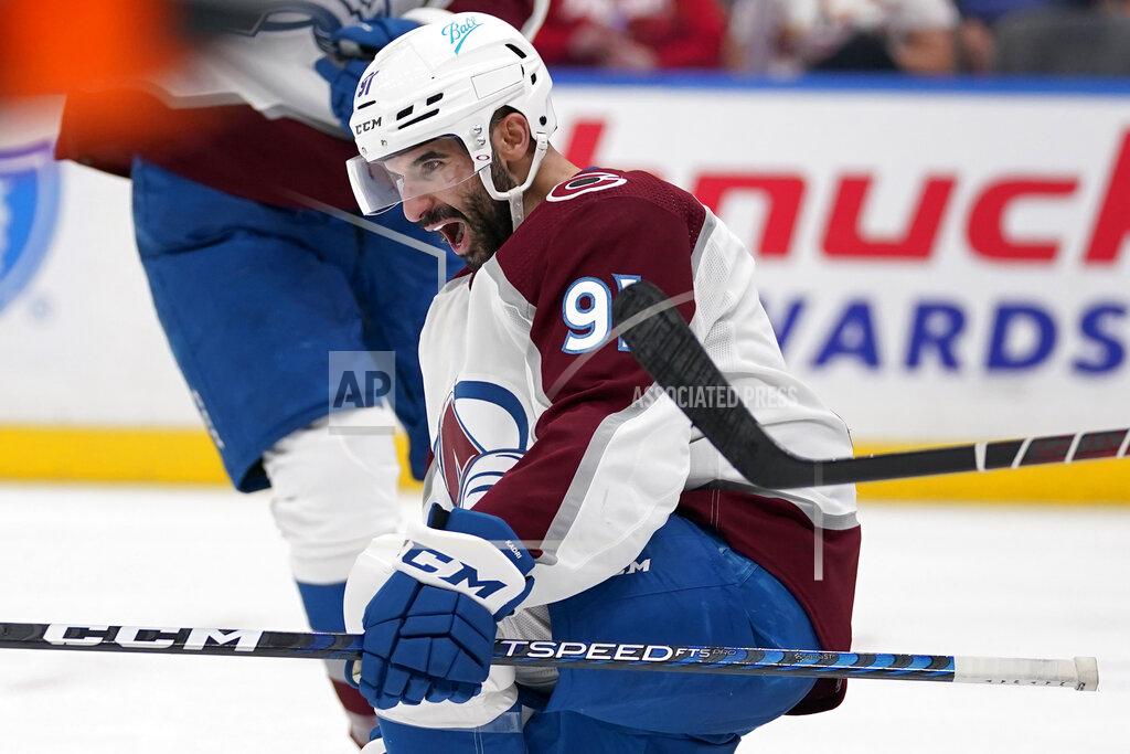 Jeff Roberson Colorado Avalanche's Nazem Kadri celebrates after scoring during the third period in Game 4 of an NHL hockey Stanley Cup second-round playoff series against the St. Louis Blues Monday, May 23, 2022, in St. Louis. (AP Photo/Jeff Roberson)