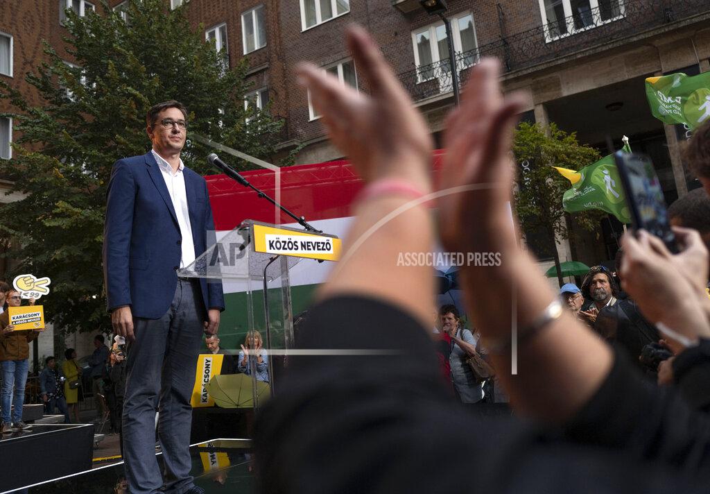 Bela Szandelszky Budapest mayor Gergely Karacsony, one of the frontrunners in a race to unseat Hungary's Prime Minister Viktor Orban holding a campaign event in Budapestt, Hungary on Sept. 17, 2021. The rally marked the start of a primary election that will choose a joint opposition candidate to face off with Hungary's hardline leader in polls next year. (AP Photo/Bela Szandelszky)