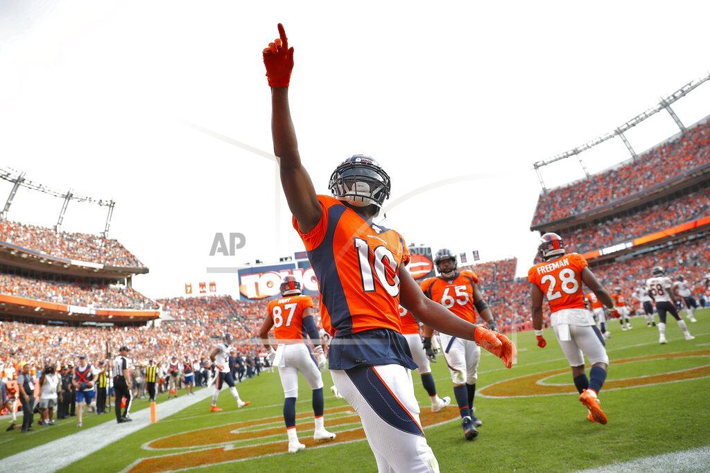 David Zalubowski Denver Broncos wide receiver Emmanuel Sanders (10) celebrates his touchdown against the Chicago Bears during the second half of an NFL football game, Sunday, Sept. 15, 2019, in Denver. (AP Photo/David Zalubowski)