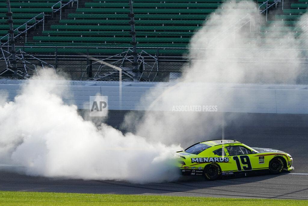 Charlie Riedel Brandon Jones does a burnout after winning a NASCAR Xfinity Series auto race at Kansas Speedway in Kansas City, Kan., Saturday, July 25, 2020. (AP Photo/Charlie Riedel)