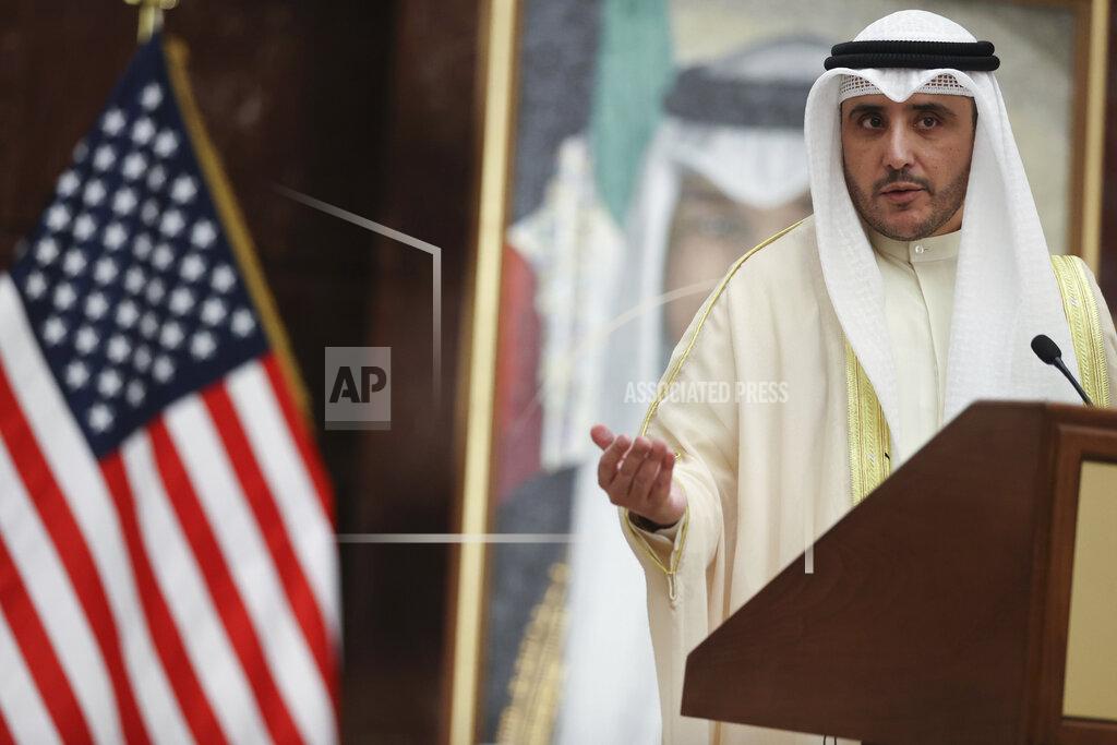 Jonathan Ernst Kuwaiti Foreign Minister Sheikh Ahmad Nasser Al-Mohammad Al-Sabah participates in a news conference with U.S. Secretary of State Antony Blinken at the Ministry of Foreign Affairs in Kuwait City, Kuwait, Thursday, July 29, 2021. (Jonathan Ernst/Pool via AP)