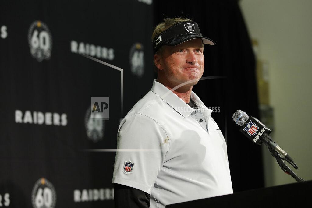 Ben Margot Oakland Raiders head coach Jon Gruden smiles during a news conference at the end of an NFL football game against the Denver Broncos Monday, Sept. 9, 2019, in Oakland, Calif. Oakland won the game 24-16. (AP Photo/Ben Margot)