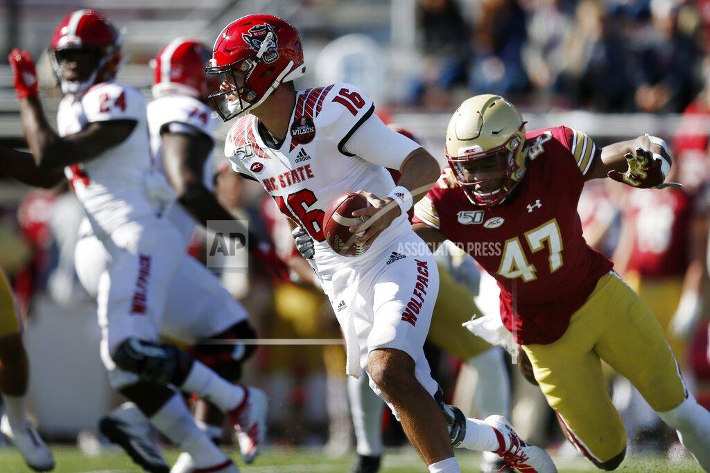Michael Dwyer Boston College defensive end Shitta Sillah (47) sacks North Carolina State quarterback Bailey Hockman (16) during the first half of an NCAA college football game in Boston, Saturday, Oct. 19, 2019. (AP Photo/Michael Dwyer)