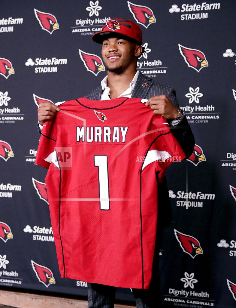 Arizona Cardinals NFL football quarterback Kyler Murray is introduced, Friday, April 26, 2019, at the Cardinals' practice facility in Tempe, Ariz. Murray was the first overall pick in the 2019 NFL Football draft. (AP Photo/Matt York)