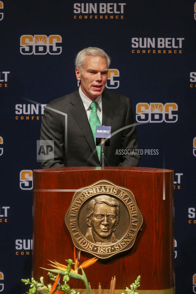 Ryan Fischer Marshall University president-elect Brad D. Smith speaks during a press conference about joining the Sun Belt Conference, Monday, Nov. 1, 2021, in Huntington, W.Va. (Ryan Fischer/The Herald-Dispatch via AP)