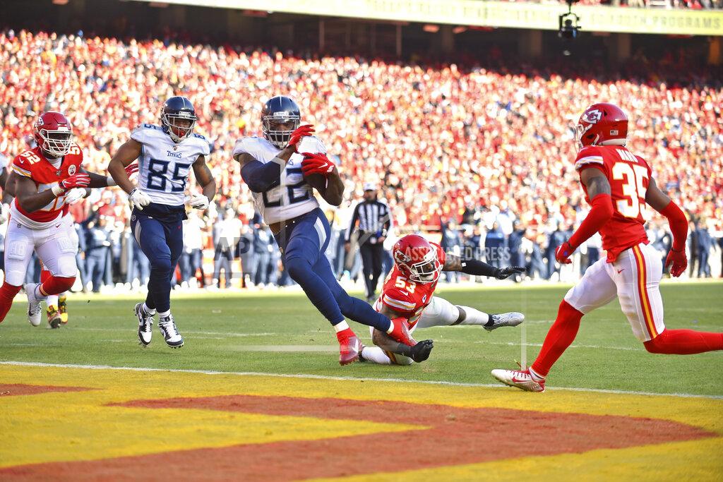 Ed Zurga Tennessee Titans' Derrick Henry (22) runs for a touchdown during the first half of the NFL AFC Championship football game against the Kansas City Chiefs Sunday, Jan. 19, 2020, in Kansas City, MO. (AP Photo/Ed Zurga)