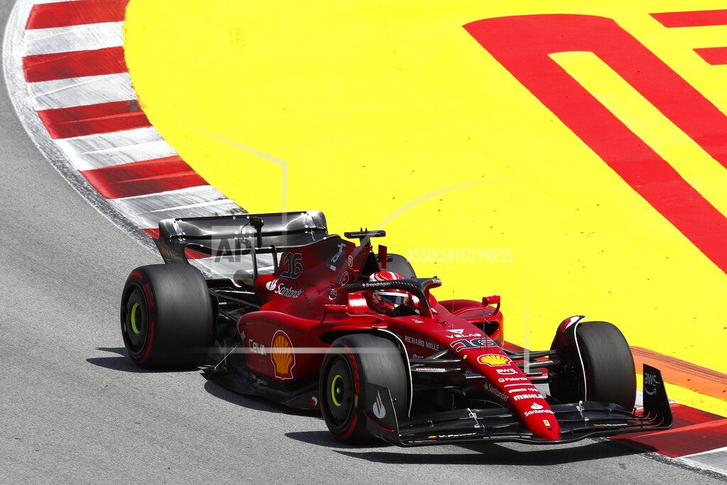 Joan Monfort Ferrari driver Charles Leclerc of Monaco steers his car during the Spanish Formula One Grand Prix at the Barcelona Catalunya racetrack in Montmelo, Spain, Sunday, May 22, 2022. (AP Photo/Joan Monfort)