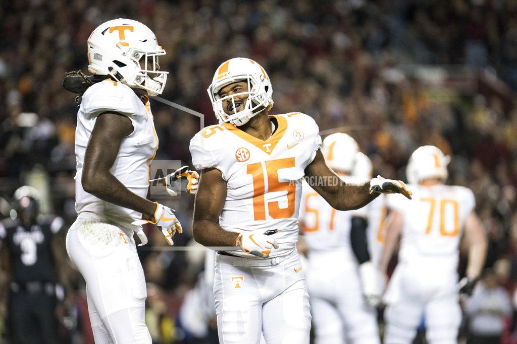 Sean Rayford Tennessee wide receivers Jauan Jennings (15) and Marquez Callaway (1) celebrate a touchdown during the first half of an NCAA college football game against South Carolina Saturday, Oct. 27, 2018, in Columbia, S.C. (AP Photo/Sean Rayford)
