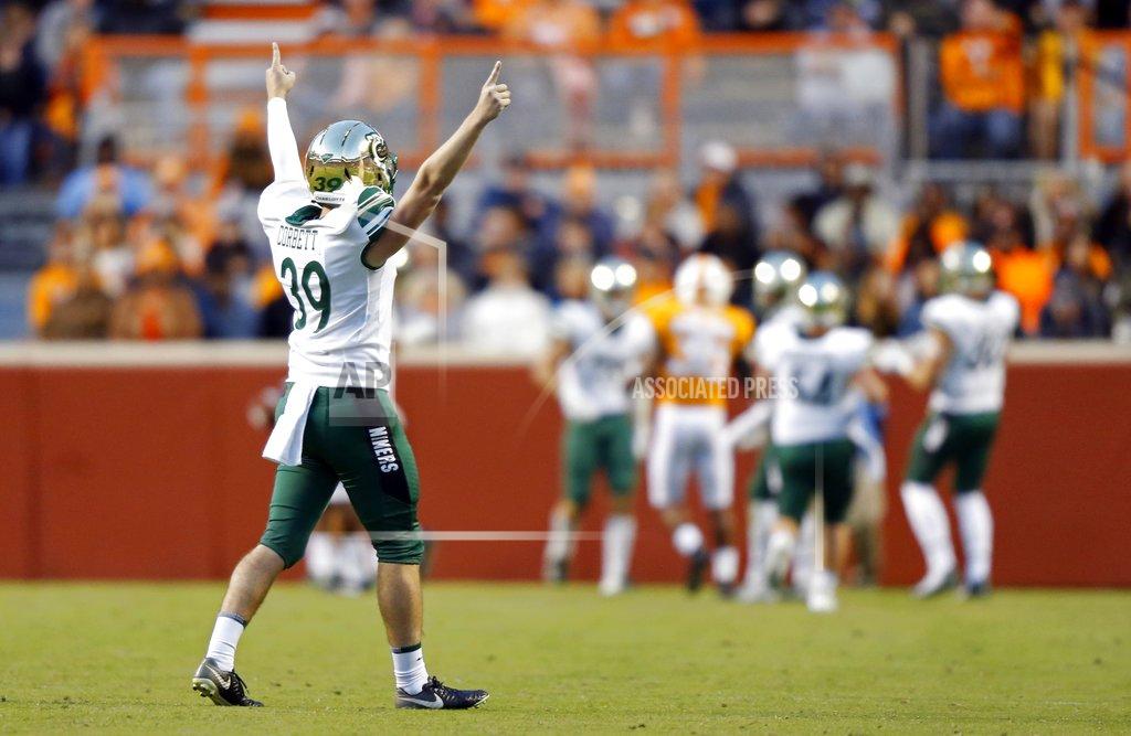 Wade Payne Charlotte punter Kyle Corbett (39) reacts to kicking a 70-yard punt in the second half of an NCAA college football game against Tennessee Saturday, Nov. 3, 2018, in Knoxville, Tenn. Tennessee won 14-3. (AP Photo/Wade Payne)