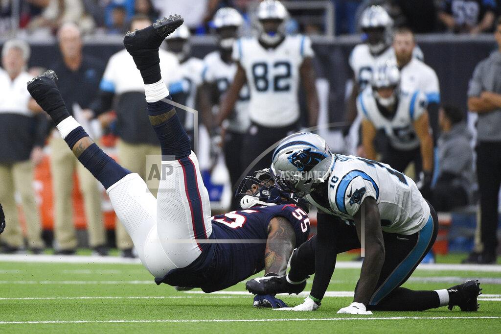 Eric Christian Smith Houston Texans inside linebacker Benardrick McKinney (55) is upended by Carolina Panthers wide receiver Curtis Samuel (10) after he recovered a fumble during the first half of an NFL football game Sunday, Sept. 29, 2019, in Houston. (AP Photo/Eric Christian Smith)