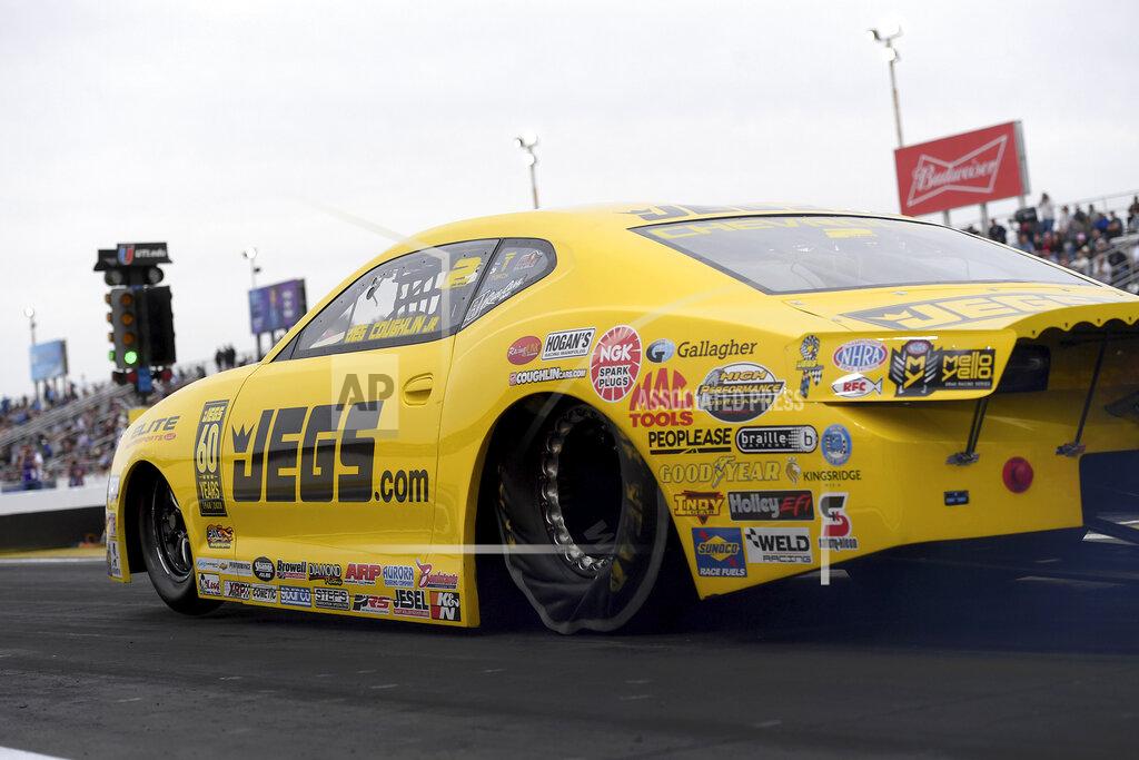 Marc Gewertz In this photo provided by the NHRA, Jeg Coughlin drives in Pro Stock qualifying Friday, Feb. 21, 2020, at the NHRA Arizona Nationals drag races in Chandler, Ariz. Coughlin took the provisional No. 1 spot with a 6.536-second pass at 208.46 mph. (Marc Gewertz/NHRA via AP)