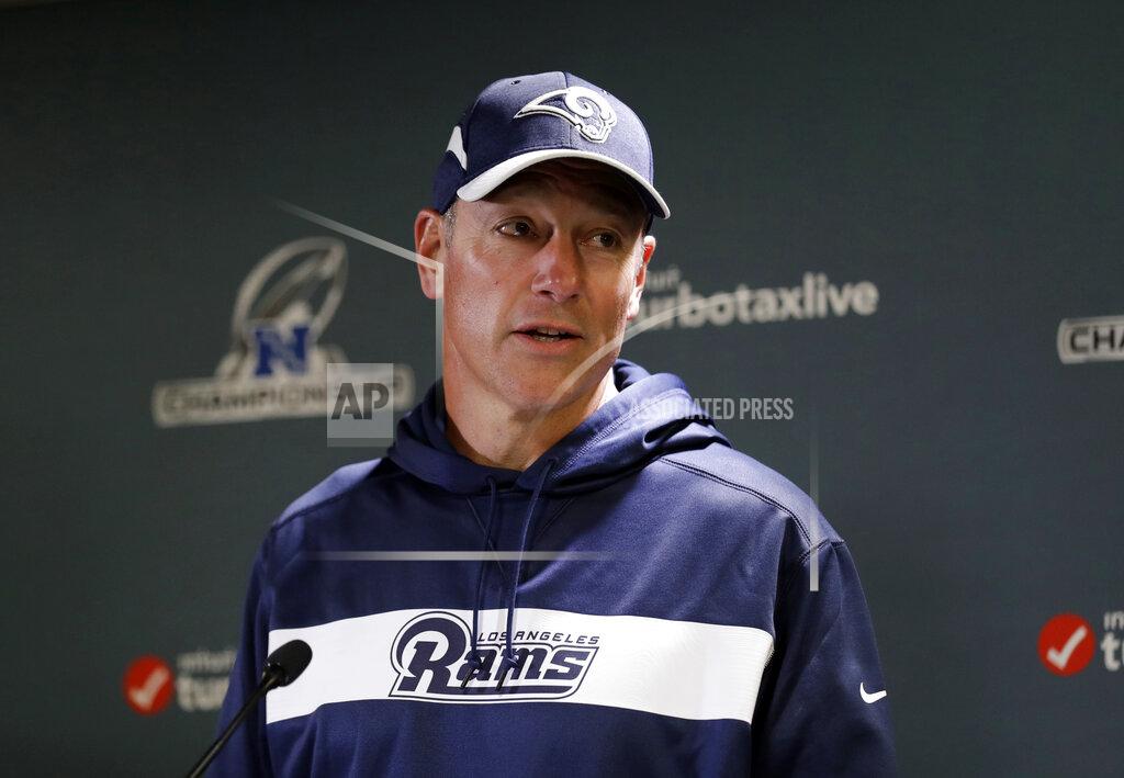 FILE - In this Jan. 16, 2019, file photo, Aaron Kromer speaks to reporters during a Los Angeles Rams news conference in Thousand Oaks, Calif. The Rams have mutually parted ways with Kromer, their offensive line coach and running game coordinator. The Rams on Thursday, Feb. 18, 2021, confirmed the departure of Kromer, who had been with the team since head coach Sean McVay's first season in 2017. Kromer added the title of run game coordinator in 2018. (AP Photo/Marcio Jose Sanchez, File)