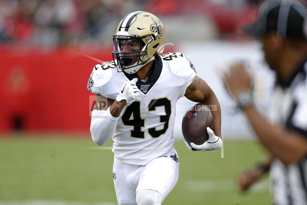 Jason Behnken New Orleans Saints free safety Marcus Williams (43) runs with an interception by Tampa Bay Buccaneers quarterback Jameis Winston 55-yards for a score during the second half of an NFL football game Sunday, Nov. 17, 2019, in Tampa, Fla. (AP Photo/Jason Behnken)