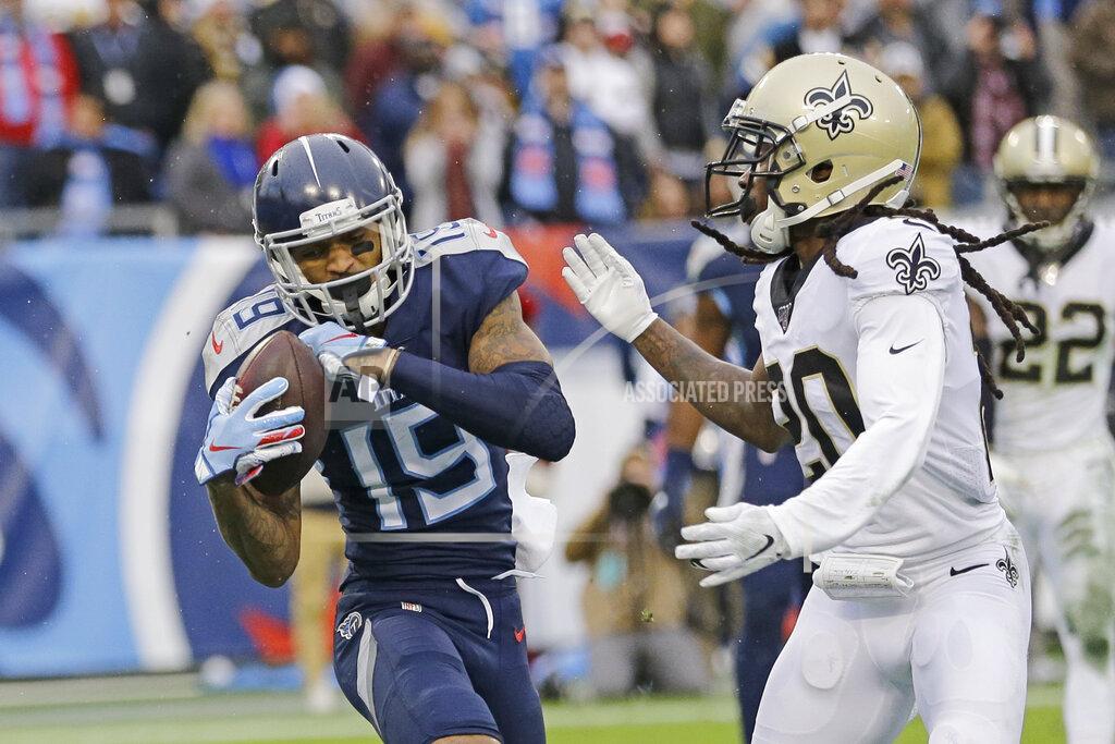 James Kenney Tennessee Titans wide receiver Tajae Sharpe (19) catches a 7-yard touchdown pass against New Orleans Saints cornerback Janoris Jenkins (20) in the second half of an NFL football game Sunday, Dec. 22, 2019, in Nashville, Tenn. (AP Photo/James Kenney)