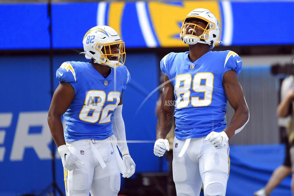 Kevork Djansezian Los Angeles Chargers tight end Donald Parham (89) celebrates his touchdown catch with tight end Stephen Anderson (82) during the first half of an NFL football game against the Cleveland Browns Sunday, Oct. 10, 2021, in Inglewood, Calif. (AP Photo/Kevork Djansezian)