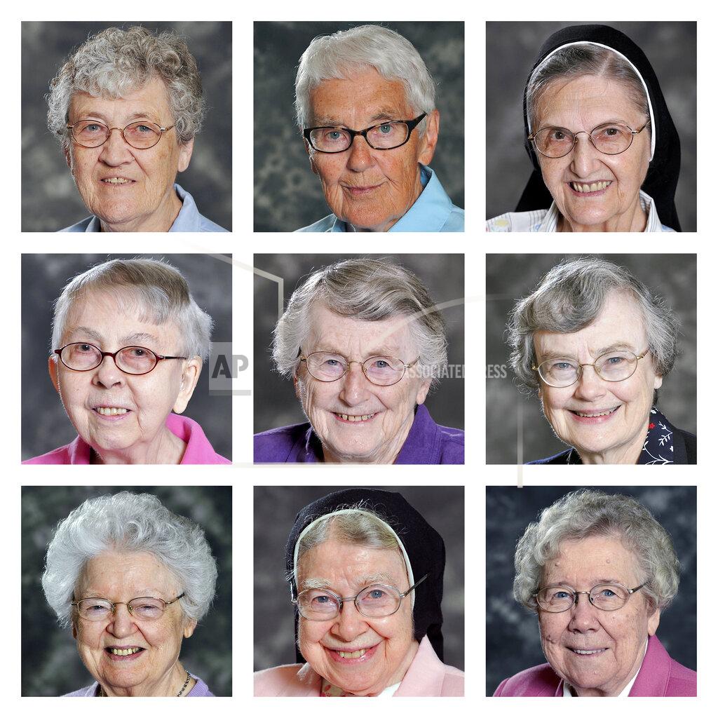Uncredited This combination of photos provided by the School Sisters of Notre Dame Central Pacific Province shows Sisters, top row from left, Cynthia Borman, Rose M Feess, and Joan Emily Kaul; middle row from left, Mary Lillia Langreck, Michael Marie Laux, and Ellen Lorenz; and bottom row from left, Dorothy MacIntyre, Mary Alexius Portz, and Mary Elva Wiesner in Elm Grove, Wis. All nine died from COVID-related complications in December 2020. (School Sisters of Notre Dame Central Pacific Province via AP)