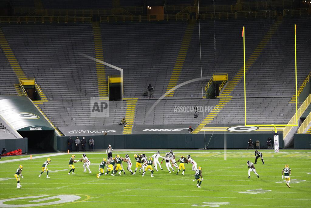 Mike Roemer The Green Bay Packers and the Atlanta Falcons play during the first half of an NFL football game, Monday, Oct. 5, 2020, in Green Bay, Wis. (AP Photo/Mike Roemer)