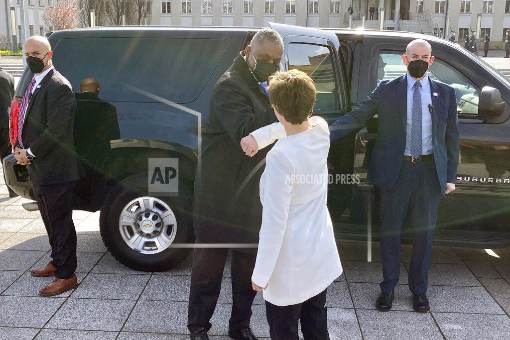 Robert Burns U.S. Defense Secretary Lloyd Austin is greeted by German Defense Minister Annegret Kano-Karrenbauer, Tuesday, April 13, 2021, in Berlin. (AP Photos/Robert Burns)