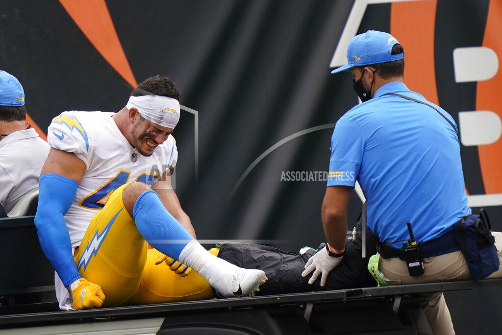 Bryan Woolston Los Angeles Chargers linebacker Drue Tranquill (49) is carted off the field during the first half of an NFL football game against the Cincinnati Bengals, Sunday, Sept. 13, 2020, in Cincinnati. (AP Photo/Bryan Woolston)