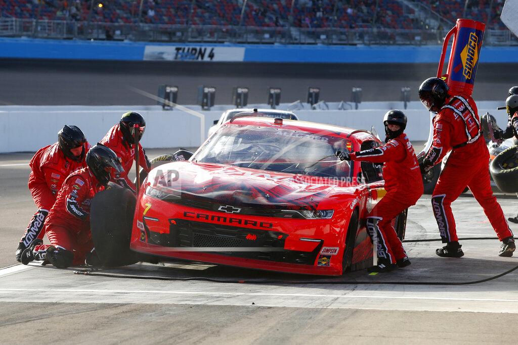 Ralph Freso Justin Allgaier (7) makes a pit stop for tires and fuel during the NASCAR Xfinity Series auto race at Phoenix Raceway, Saturday, Nov. 7, 2020, in Avondale, Ariz. (AP Photo/Ralph Freso)
