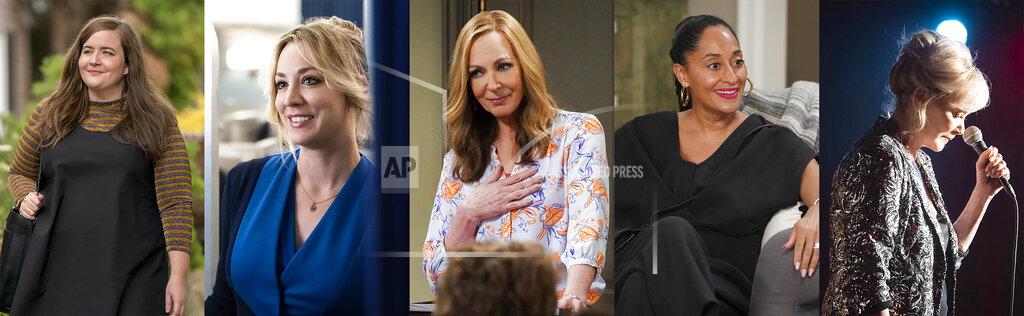 Uncredited This combination of photos shows Emmy nominees for best lead actress in a comedy series, from left, Aidy Bryant in "Shrill," Kaley Cuoco in "The Flight Attendant," Allison Janney in "Mom," Tracee Ellis Ross in "black-ish," and Jean Smart in "Hacks." (Hulu/HBO Max/CBS/ABC/HBO Max via AP)