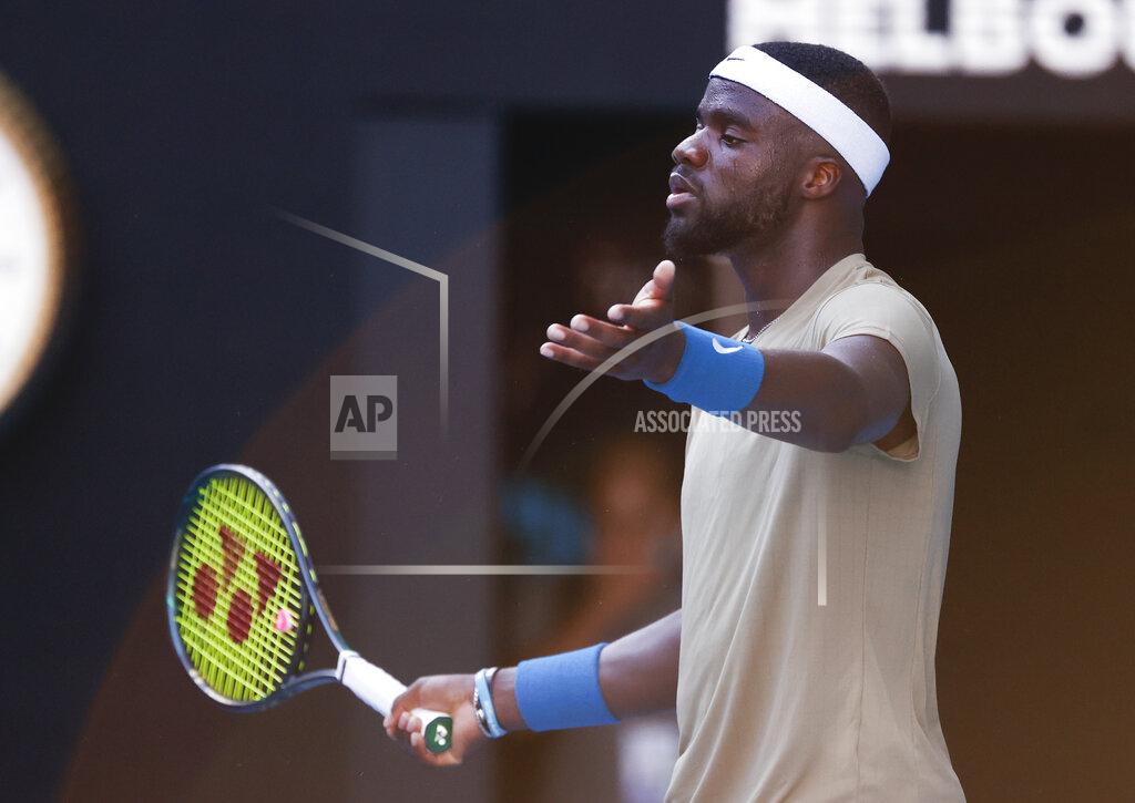 Rick Rycroft United States' Frances Tiafoe reacts during his second round match against Serbia's Novak Djokovic at the Australian Open tennis championship in Melbourne, Australia, Wednesday, Feb. 10, 2021.(AP Photo/Rick Rycroft)