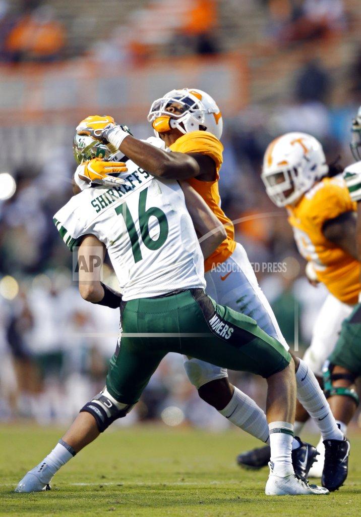 Wade Payne Charlotte quarterback Evan Shirreffs (16) is sacked by Tennessee defensive back Bryce Thompson (20) in the second half of an NCAA college football game Saturday, Nov. 3, 2018, in Knoxville, Tenn. Tennessee won 14-3. (AP Photo/Wade Payne)