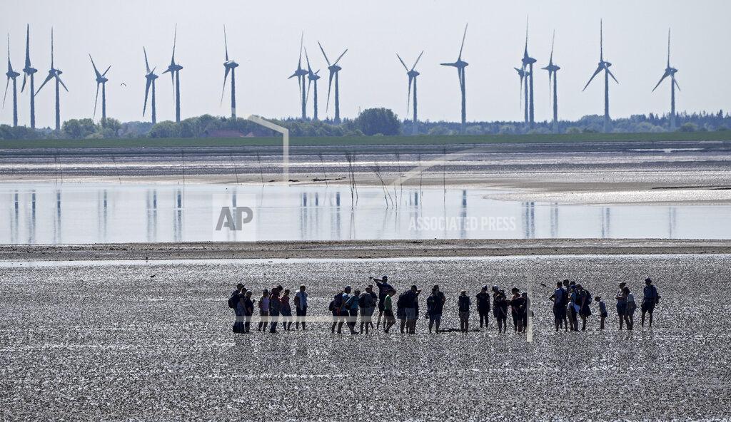 Martin Meissner FILE - In this June 1, 2021 file photo, people explore the wadden sea at the island Norderney, Germany, in front of wind turbines, producing renewable energy. The cuts in greenhouse gas emissions pledged by governments around the world aren't enough to achieve the headline goal of the Paris climate accord, according to a United Nations report published Friday.
The U.N. climate office said it reviewed all the national commitments submitted by Paris pact signatories until July 30 and found that they would result in emissions of planet-warming gas rising nearly 16% by 2030, compared with 2010 levels. (AP Photo/Martin Meissner, File)