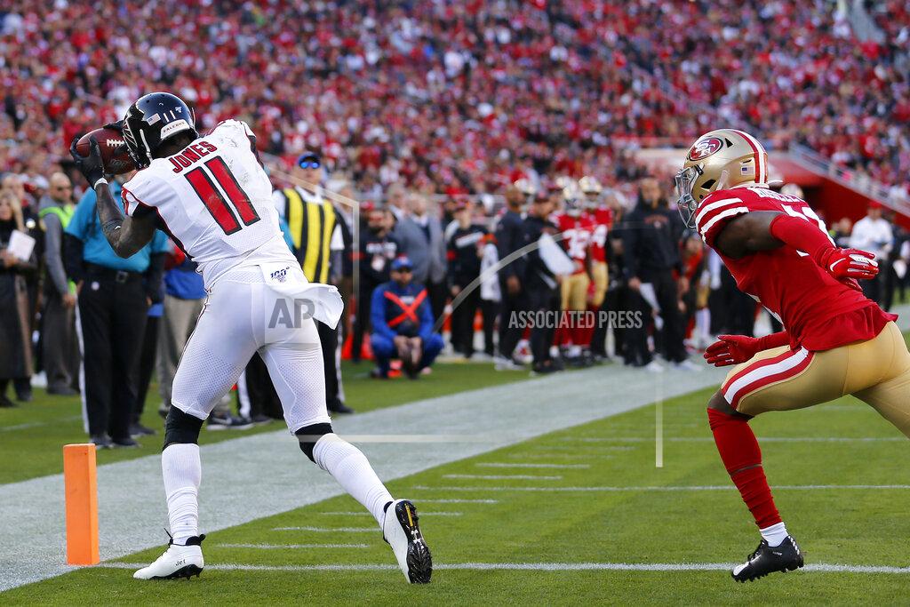 Josie Lepe Atlanta Falcons wide receiver Julio Jones (11) catches a touchdown pass in front of San Francisco 49ers defensive back Emmanuel Moseley during the first half of an NFL football game in Santa Clara, Calif., Sunday, Dec. 15, 2019. (AP Photo/Josie Lepe)
