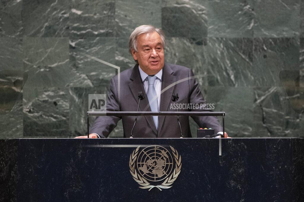 In this photo provided by the United Nations, Secretary-General António Guterres speaks during the 75th session of the United Nations General Assembly, Tuesday, Sept. 22, 2020, at U.N. Headquarters in New York. The U.N.'s first virtual meeting of world leaders started Tuesday with pre-recorded speeches from some of the planet's biggest powers, kept at home by the coronavirus pandemic that will likely be a dominant theme at their video gathering this year. (Eskinder Debebe/UN via AP)