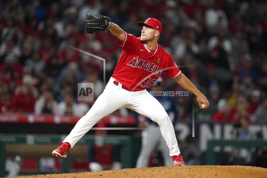 Ashley Landis Los Angeles Angels starting pitcher Reid Detmers (48) throws during the seventh inning of a baseball game against the Tampa Bay Rays in Anaheim, Calif., Tuesday, May 10, 2022. (AP Photo/Ashley Landis)