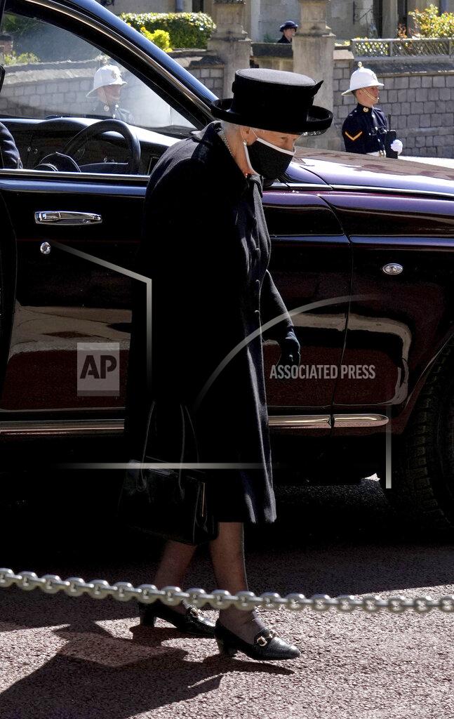 Jonathan Brady Britain's Queen Elizabeth II arrives ahead of Britain Prince Philip's funeral at Windsor Castle, Windsor, England, Saturday April 17, 2021. Prince Philip died April 9 at the age of 99 after 73 years of marriage to Britain's Queen Elizabeth II. (Jonathan Brady/Pool via AP)
