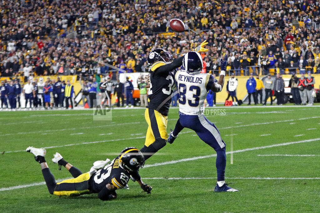 Keith Srakocic Pittsburgh Steelers strong safety Terrell Edmunds (34) breaks up a pass in the end zone intended for Los Angeles Rams wide receiver Josh Reynolds (83) during the second half of an NFL football game in Pittsburgh, Sunday, Nov. 10, 2019. (AP Photo/Keith Srakocic)