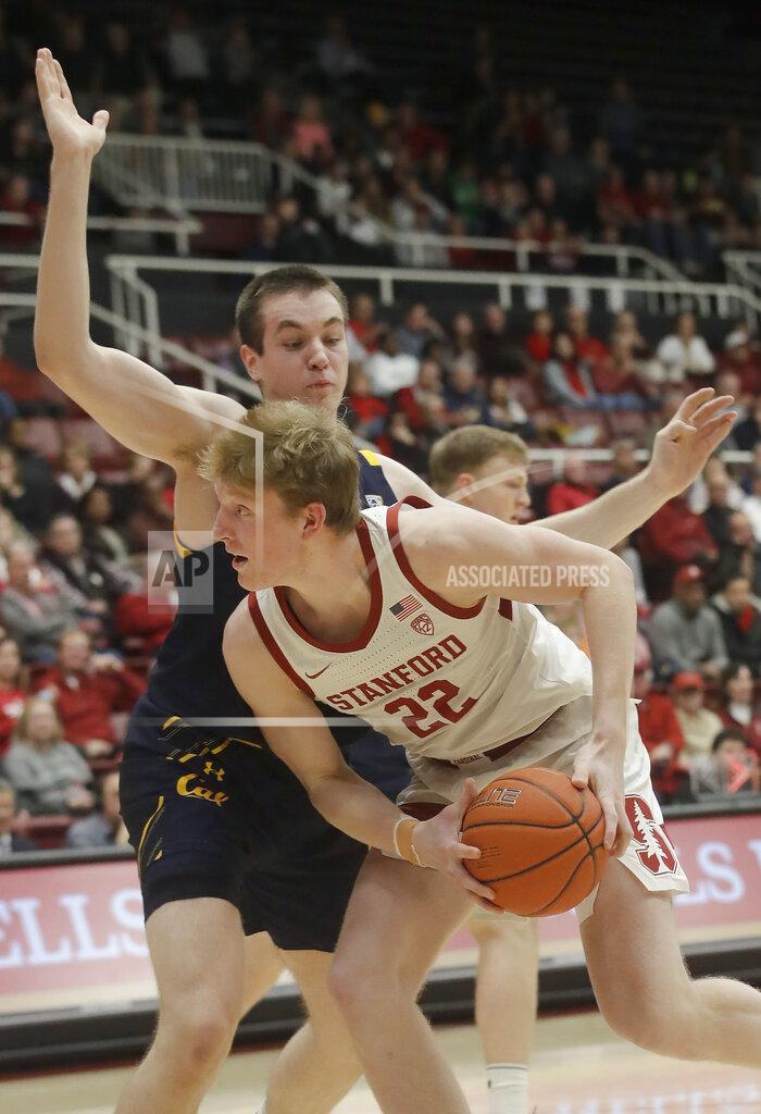 Jeff Chiu Stanford forward James Keefe (22) is defended by California forward Grant Anticevich during the first half of an NCAA college basketball game in Stanford, Calif., Thursday, Jan. 2, 2020. (AP Photo/Jeff Chiu)