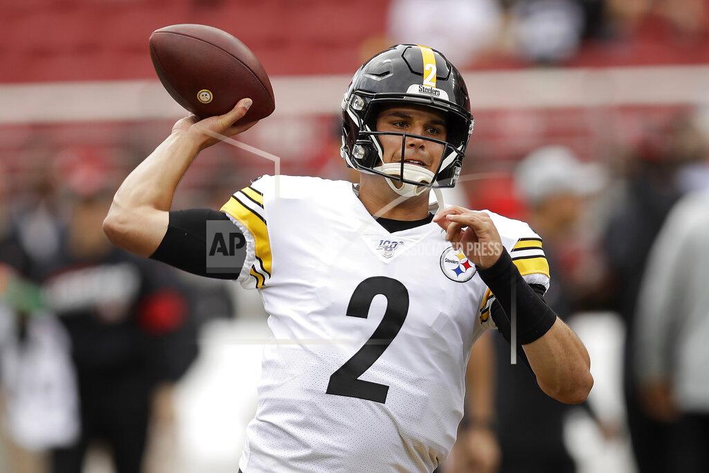 Ben Margot Pittsburgh Steelers quarterback Mason Rudolph (2) warms up before an NFL football game against the San Francisco 49ers in Santa Clara, Calif., Sunday, Sept. 22, 2019. (AP Photo/Ben Margot)