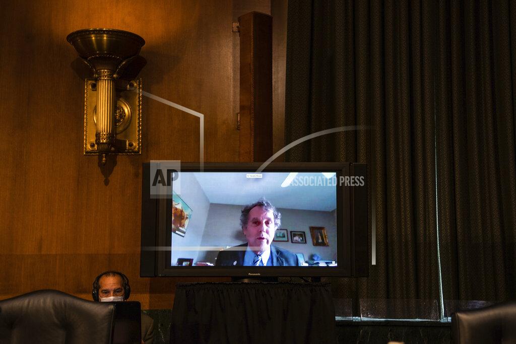 Sen. Sherrod Brown, D-Ohio, speaks during a video connection before a Senate Banking, Housing, and Urban Affairs Committee nomination hearing for Brian Miller to be Department of the Treasury Special Inspector General for Pandemic Recovery and Dana Wade to be Assistant Secretary of Housing and Urban Development on Capitol Hill in Washington, Tuesday, May 5, 2020. (Salwan Georges/The Washington Post via AP, Pool)