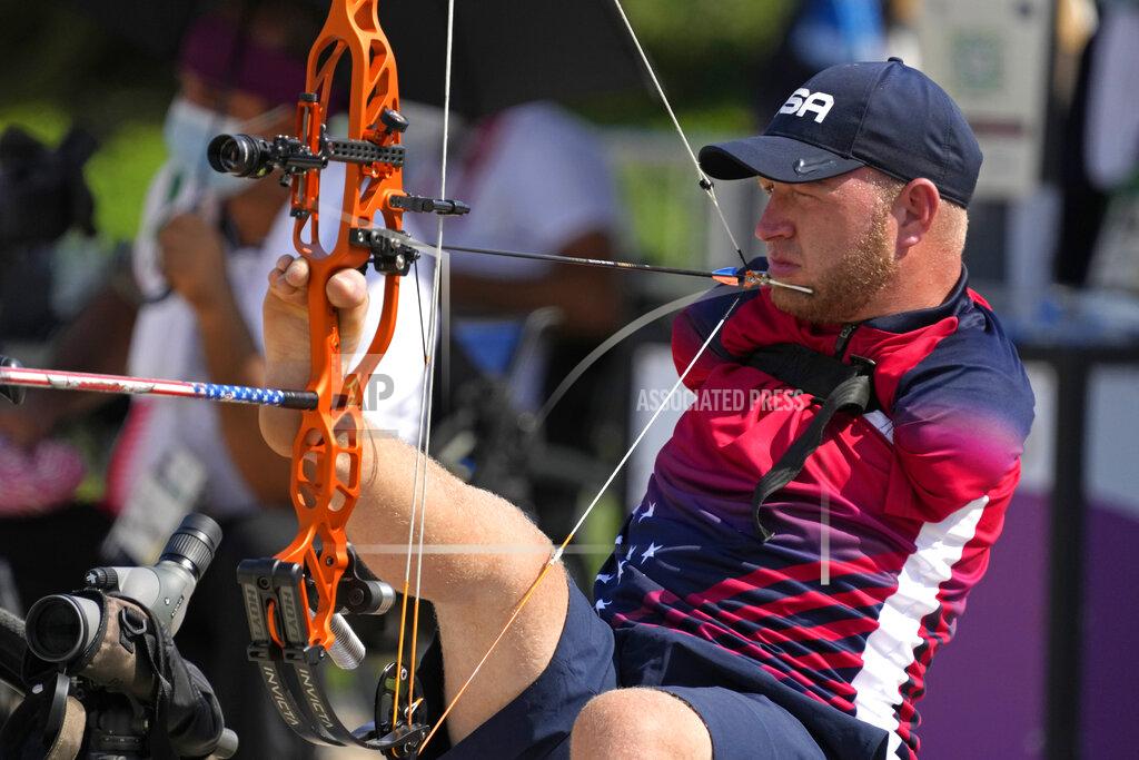 Shuji Kajiyama Matt Stutzman of the U.S. holds the bow with his foot as he competes in the Archery men's individual compound-open event at the Tokyo 2020 Paralympic Games, Friday, Aug. 27, 2021, in Tokyo, Japan. (AP Photo/Shuji Kajiyama)