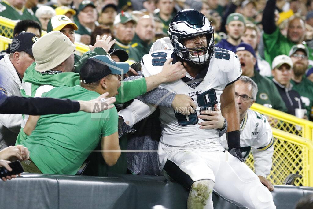 Jeffrey Phelps Philadelphia Eagles tight end Dallas Goedert celebrates with fans after scoring a touchdown during the first half of an NFL football game against the Green Bay Packers on Thursday, Sept. 26, 2019, in Green Bay, Wis. (AP Photo/Jeffrey Phelps)