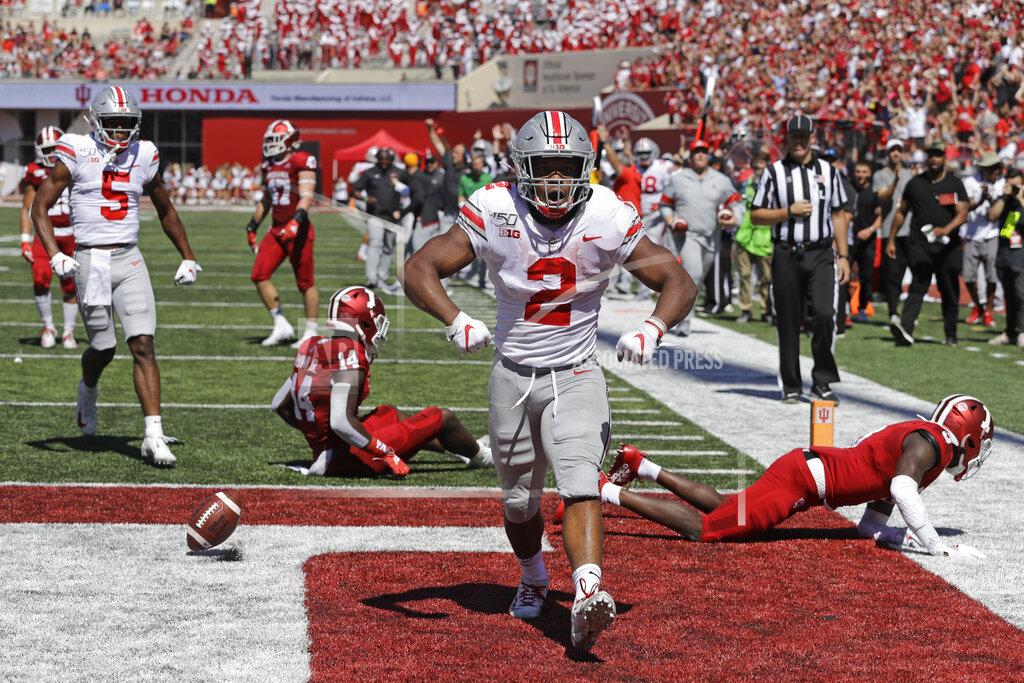 Darron Cummings Ohio State running back J.K. Dobbins (2) celebrates after scoring a touchdown during the first half of an NCAA college football game against Indiana, Saturday, Sept. 14, 2019, in Bloomington, Ind. (AP Photo/Darron Cummings)
