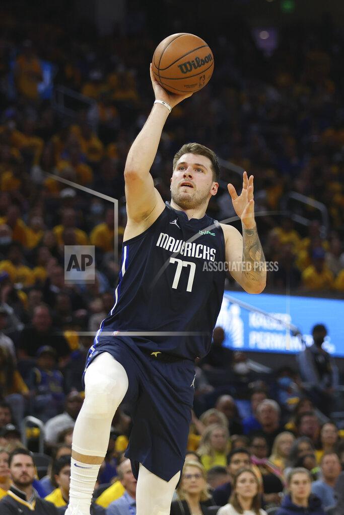 Jed Jacobsohn Dallas Mavericks guard Luka Doncic shoots against the Golden State Warriors during the first half of Game 2 of the NBA basketball playoffs Western Conference finals in San Francisco, Friday, May 20, 2022. (AP Photo/Jed Jacobsohn)