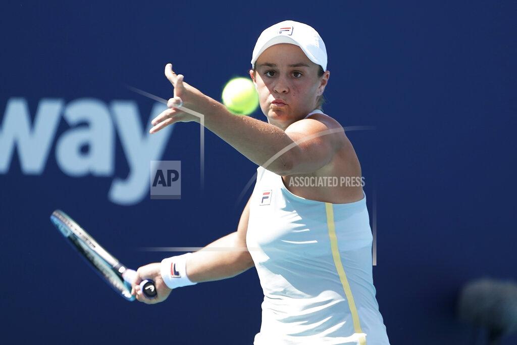 Marta Lavandier Ashleigh Barty of Australia returns to Jelena Ostapenko of Latvia, during the Miami Open tennis tournament, Saturday, March 27, 2021, in Miami Gardens, Fla. (AP Photo/Marta Lavandier)