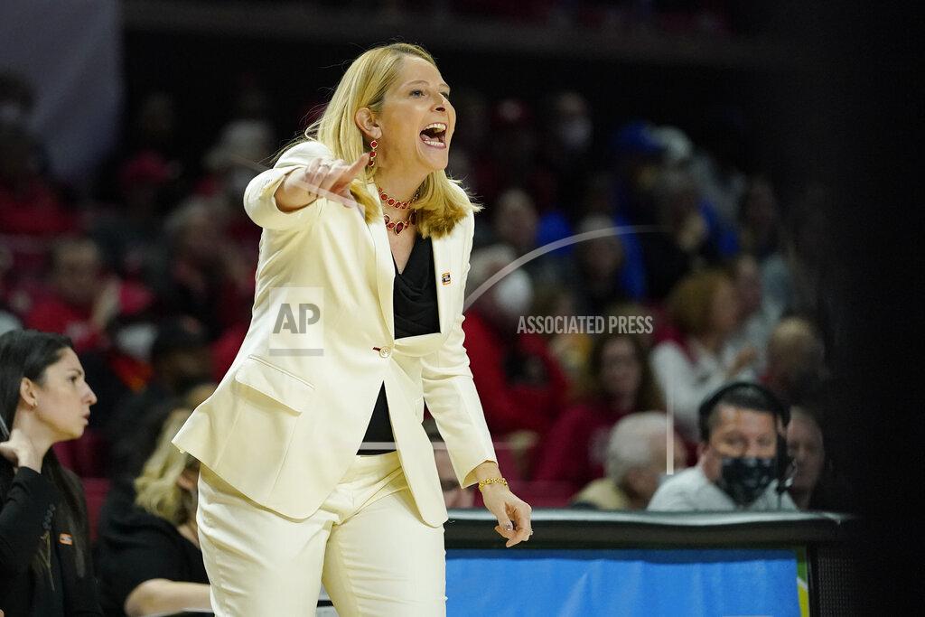 Julio Cortez Maryland head coach Brenda Frese reacts during the first half of a college basketball game against Florida Gulf Coast in the second round of the NCAA tournament, Sunday, March 20, 2022, in College Park, Md. (AP Photo/Julio Cortez)