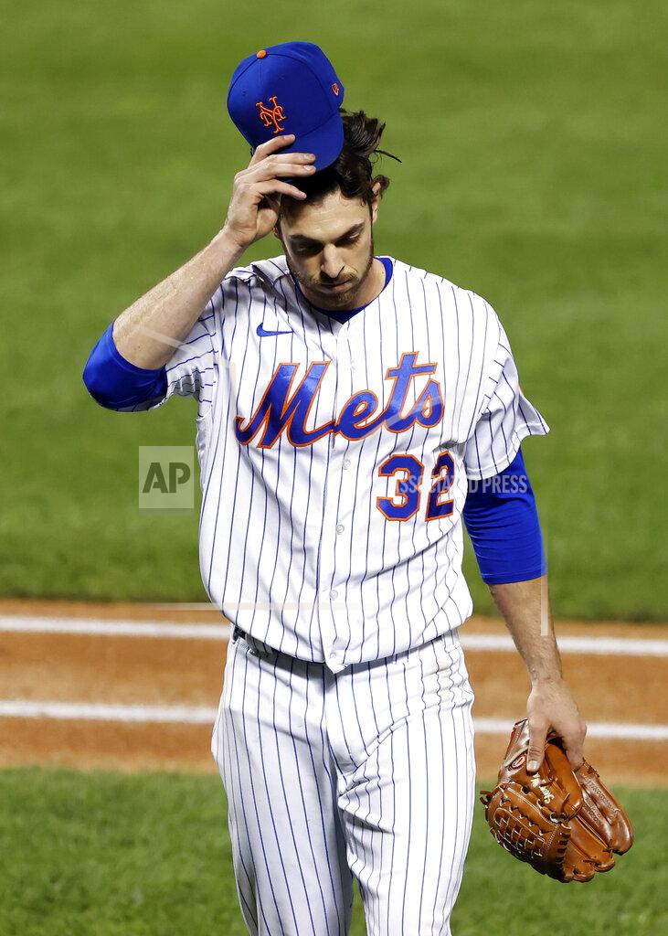 Adam Hunger New York Mets pitcher Steven Matz reacts while walking to the dugout after being relieved during the third inning of a baseball game against the Atlanta Braves, Friday, Sept. 18, 2020, in New York. (AP Photo/Adam Hunger)