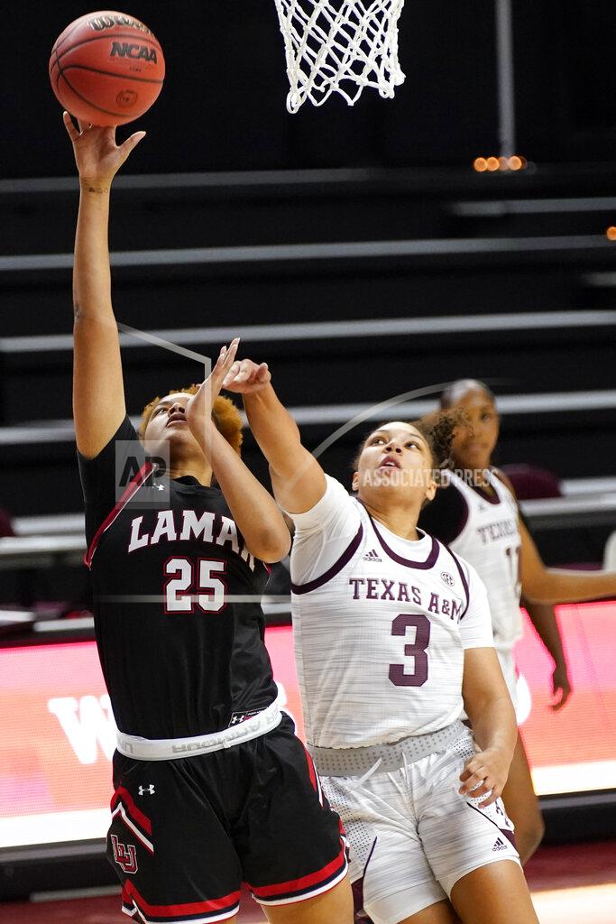 Sam Craft Lamar center Bebe Galloway (25) shoots past Texas A&M guard Destiny Pitts (3) during the first half of an NCAA college basketball game Wednesday, Nov. 25, 2020, in College Station, Texas. (AP Photo/Sam Craft)