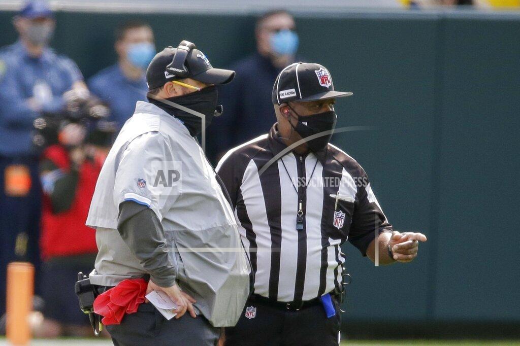 Mike Roemer Detroit Lions head coach Matt Patricia talks to a referee during the first half of an NFL football game against the Green Bay Packers Sunday, Sept. 20, 2020, in Green Bay, Wis. (AP Photo/Mike Roemer)