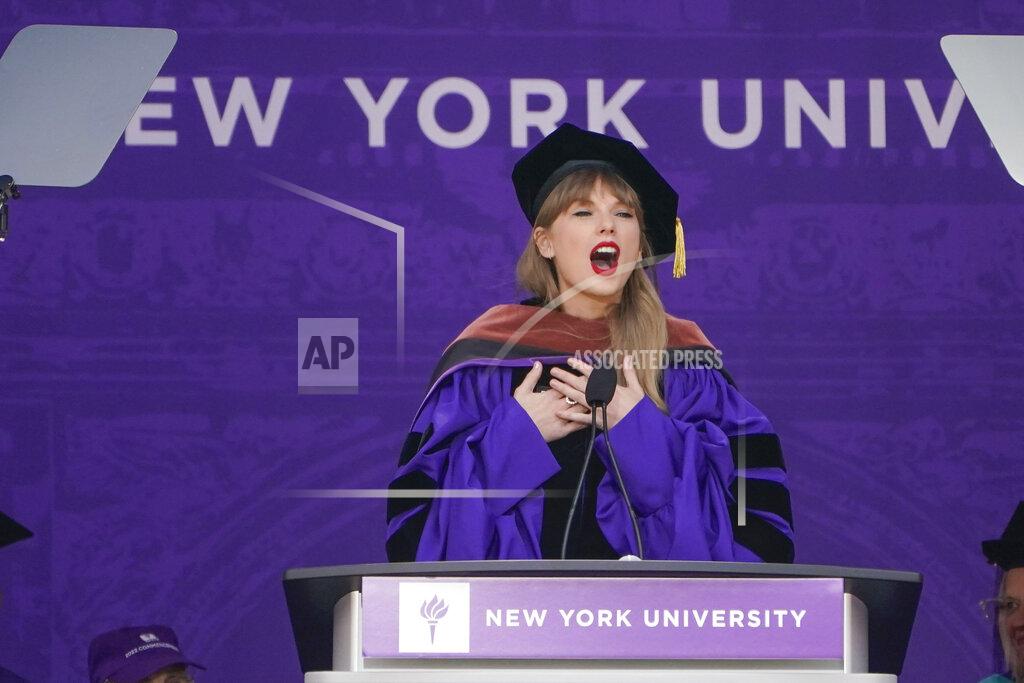 Seth Wenig Taylor Swift speaks during a graduation ceremony for New York University at Yankee Stadium in New York, Wednesday, May 18, 2022. (AP Photo/Seth Wenig)