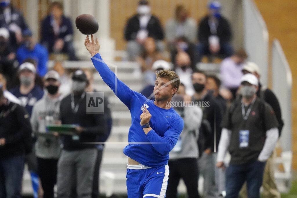 Rick Bowmer BYU quarterback Zach Wilson throws in the school's pro day football workout for NFL scouts Friday, March 26, 2021, in Provo, Utah. (AP Photo/Rick Bowmer)