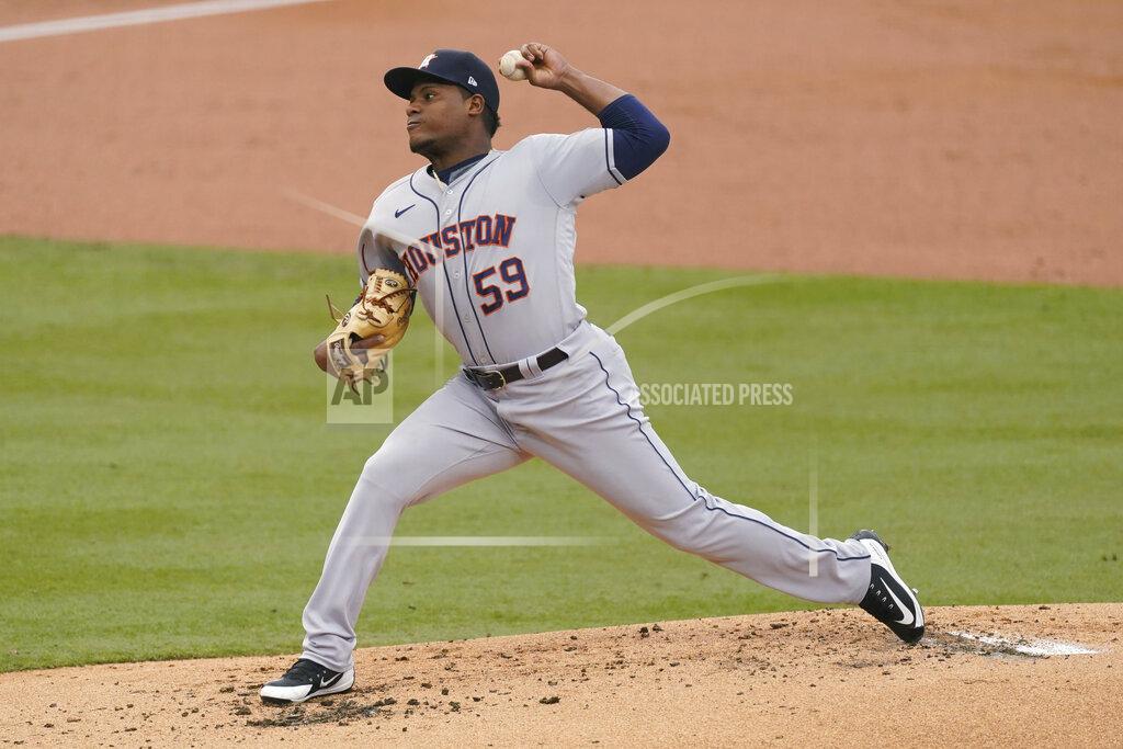 Ashley Landis Houston Astros starting pitcher Framber Valdez throws during the first inning of the team's baseball game against the Los Angeles Dodgers at Dodger Stadium on Saturday, Sept. 12, 2020, in Los Angeles. (AP Photo/Ashley Landis)